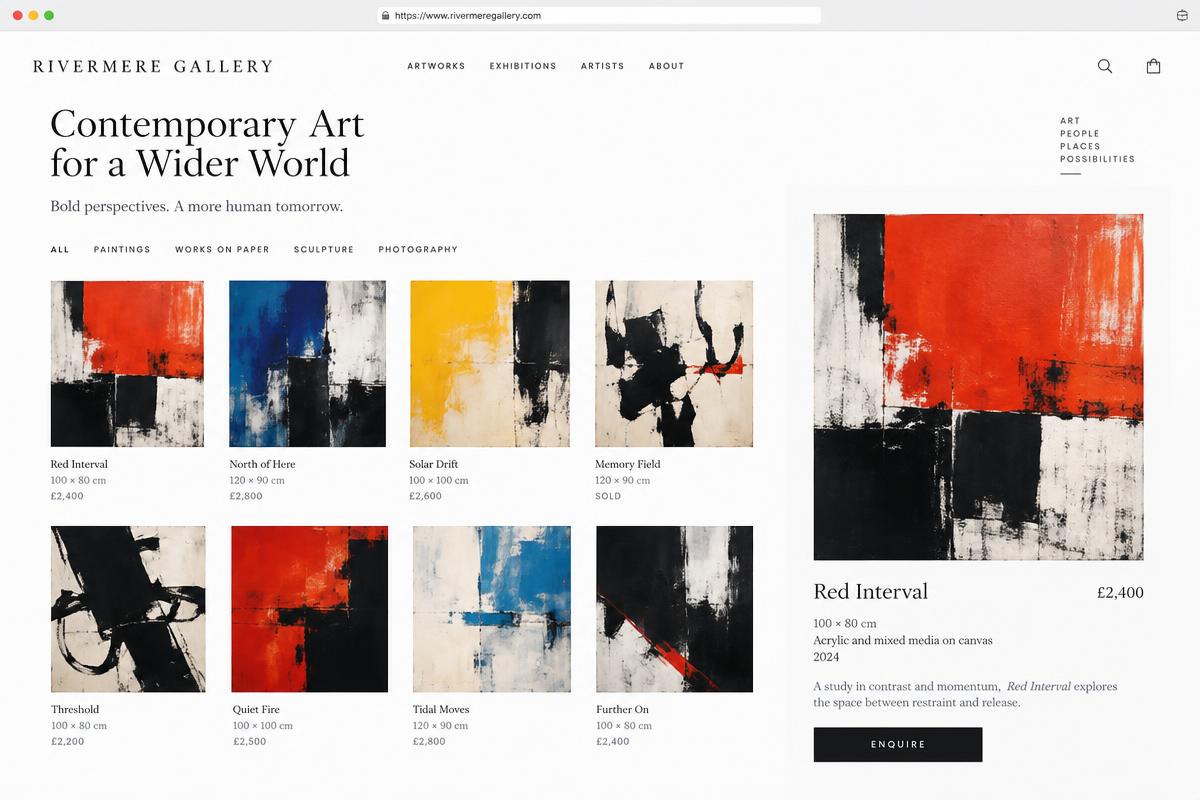A finished artist website with a gallery, artwork details, pricing, and enquiries