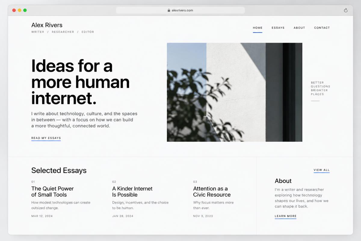 A finished personal website with an introduction, portrait, and selected essays