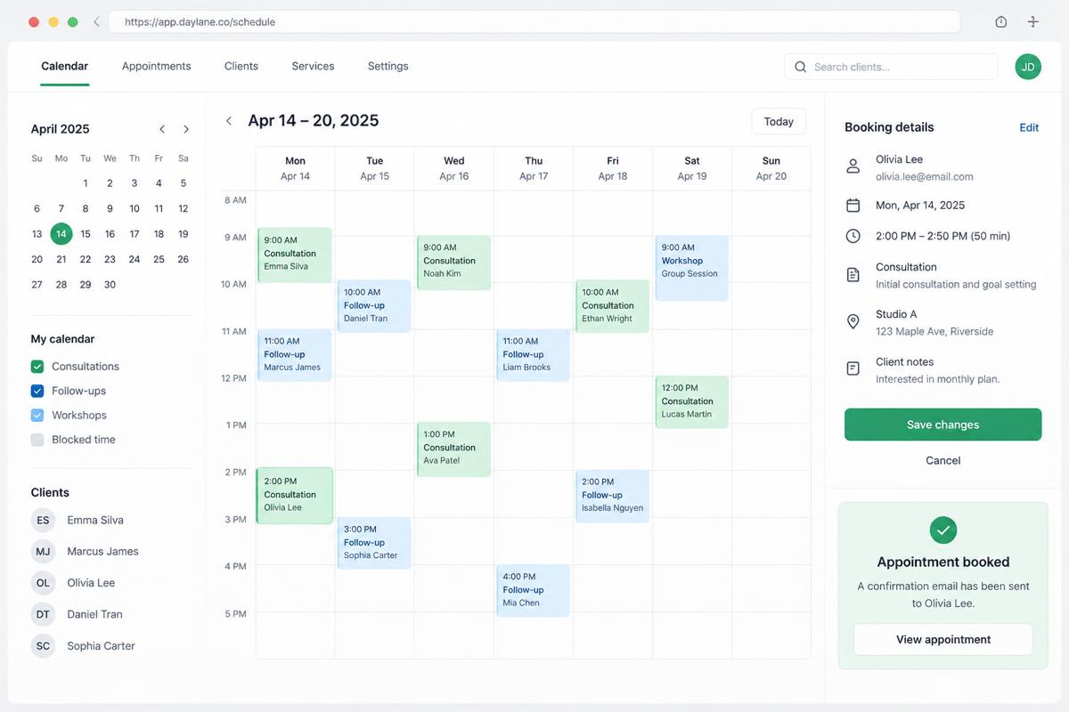 A finished appointment scheduler with a weekly calendar and booking details